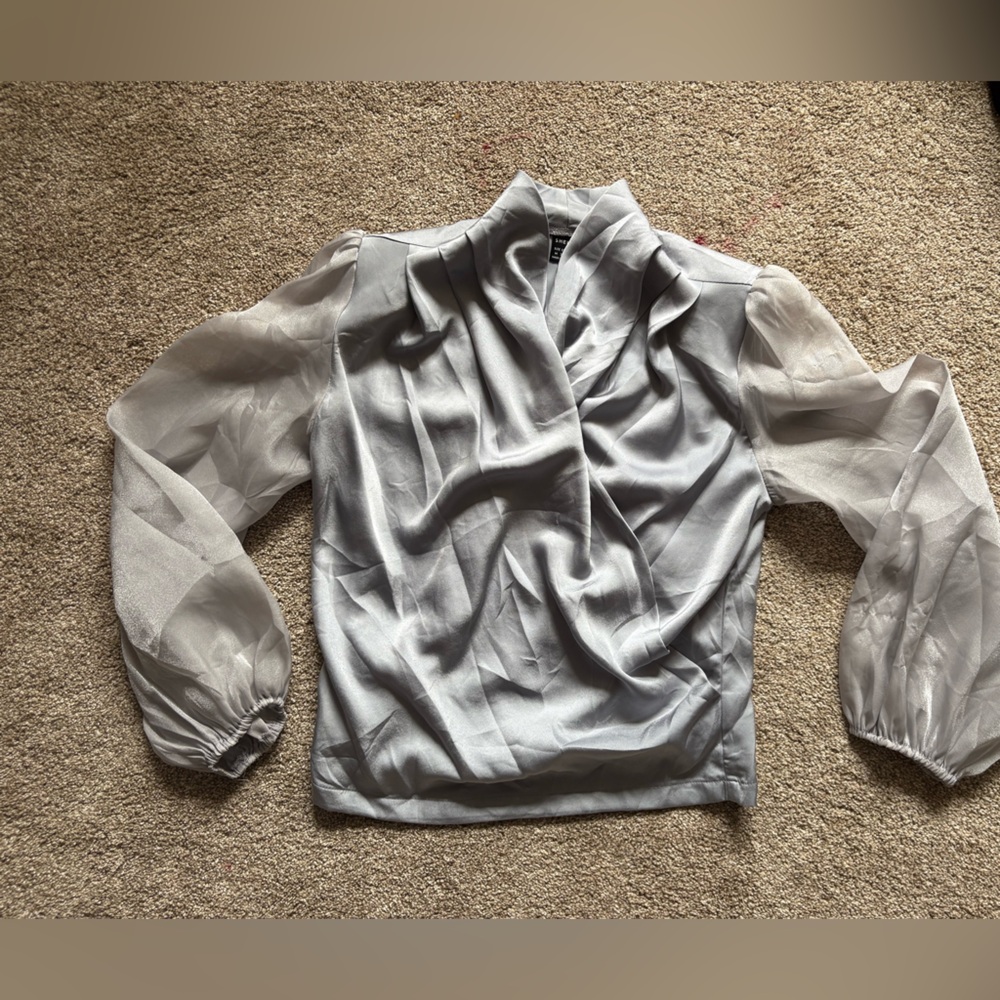 Silvery Wrap-Style Dress Blouse – Size Medium – Excellent Condition - Picture 4 of 10